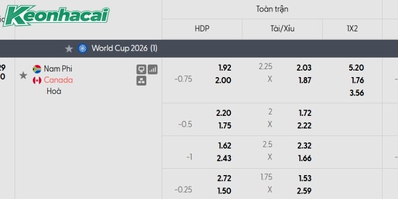 Tỷ lệ kèo Nam Phi vs Canada